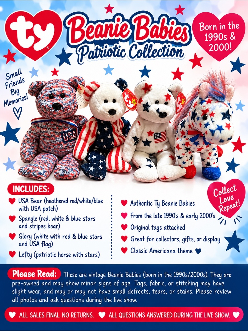 Vintage TY Beanie Babies Patriotic Americana Lot of 4 USA Red White Blue